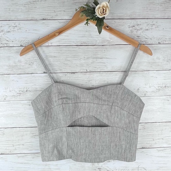 NEW Jason Wu Size Small Grey Heather Linen Smocked Cut Out Cropped Tank Top - Picture 1 of 8